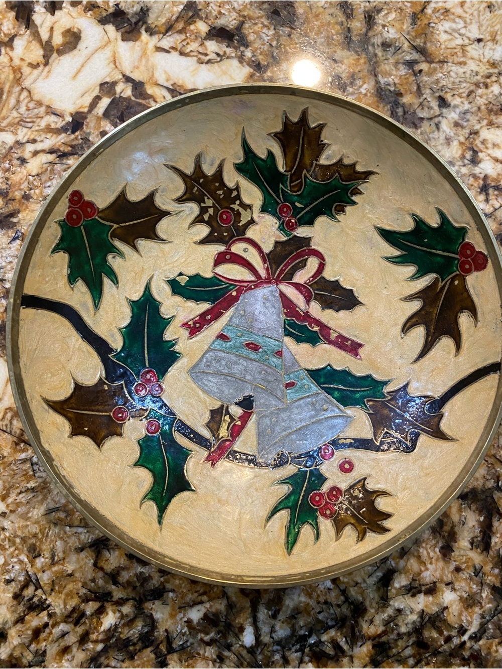 Holiday Bells Decorative Plate - Gold, Green and Red with candles holder